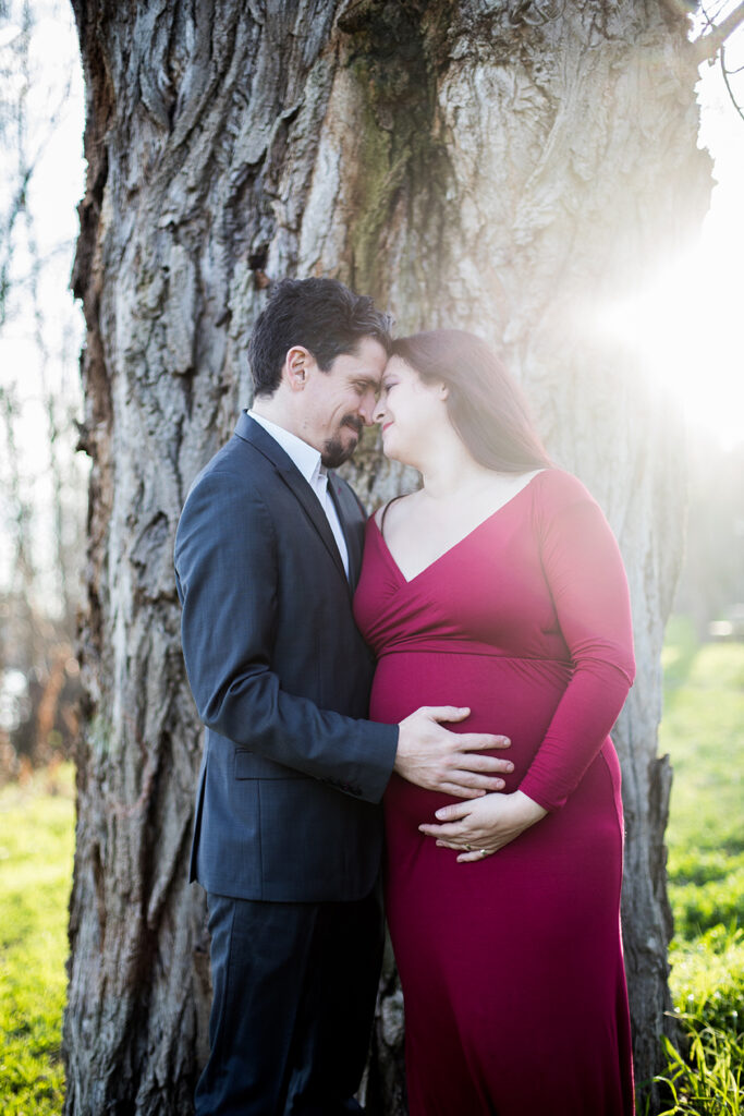 séance pour toute la famille comme ce couple de futurs parents devant un arbre solide et le soleil en contre jour. les mains sur le ventre et leurs fronts se touchent tendrement.